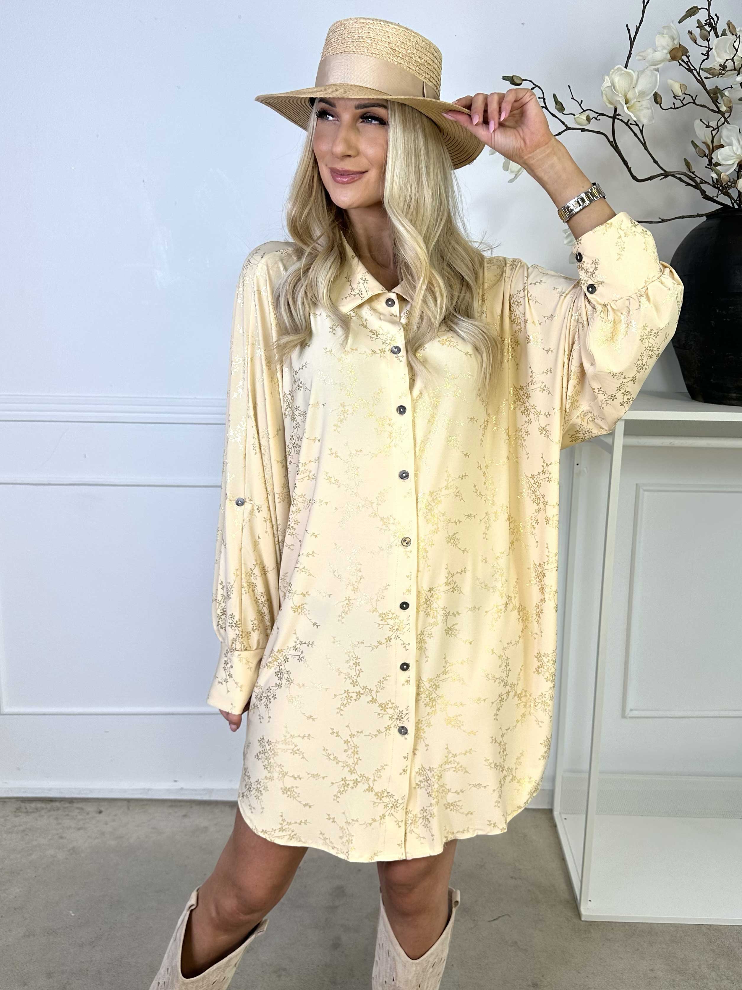 Mia Gold - Elastisk skjortekjole med gulddetaljer